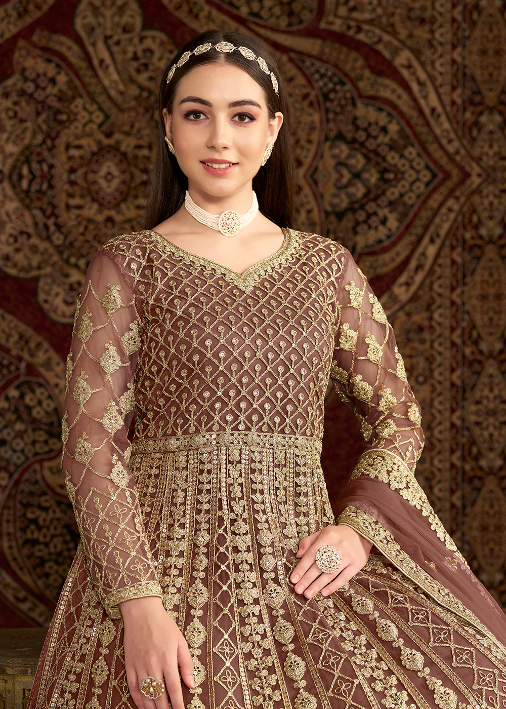 Brown All Over Embroidered Net Wedding Anarkali Gown - Image 2
