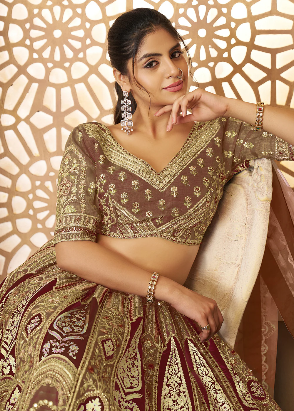 Brown Banarasi Silk Aari Embroidered Bridal Lehenga Choli - Image 2