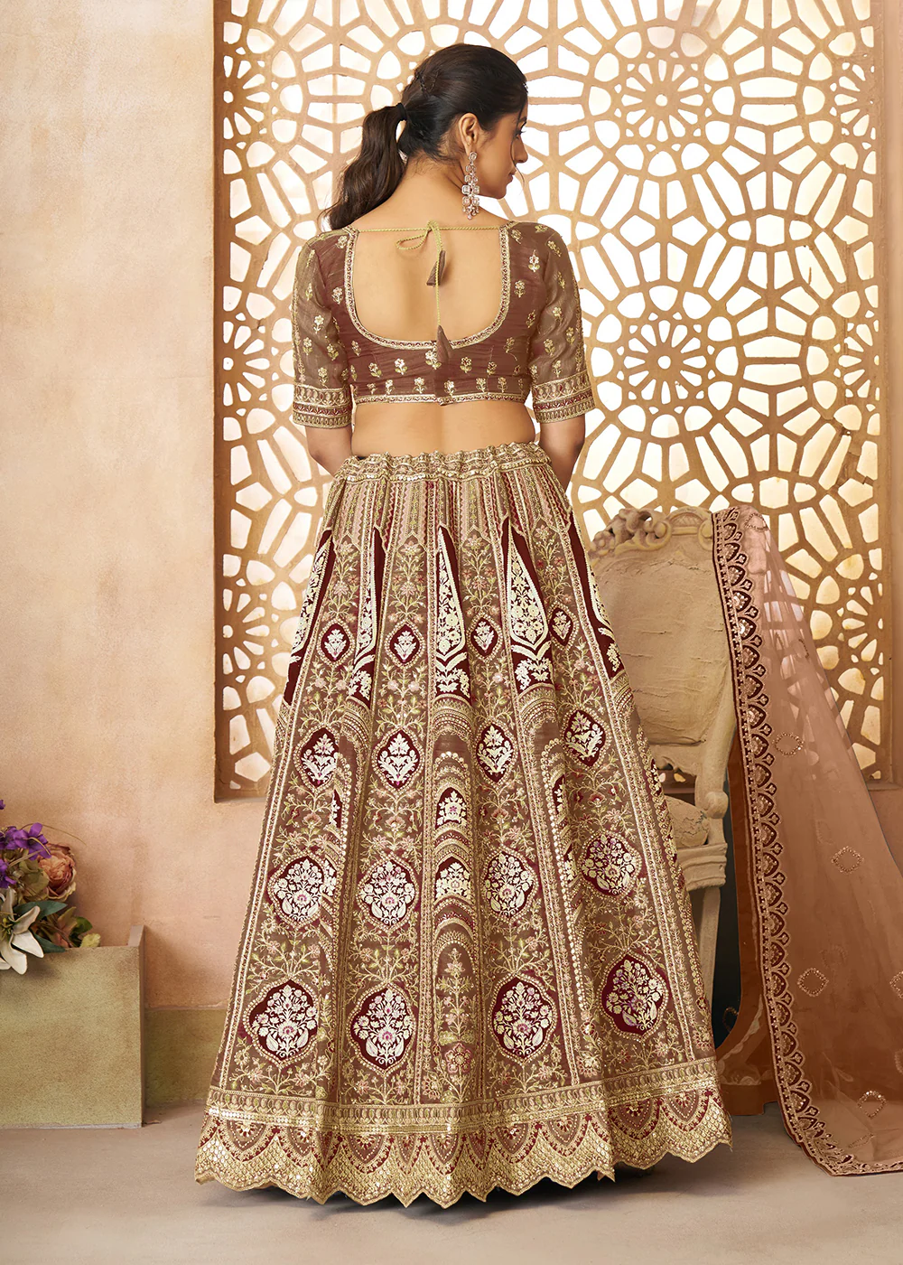 Brown Banarasi Silk Aari Embroidered Bridal Lehenga Choli - Image 3