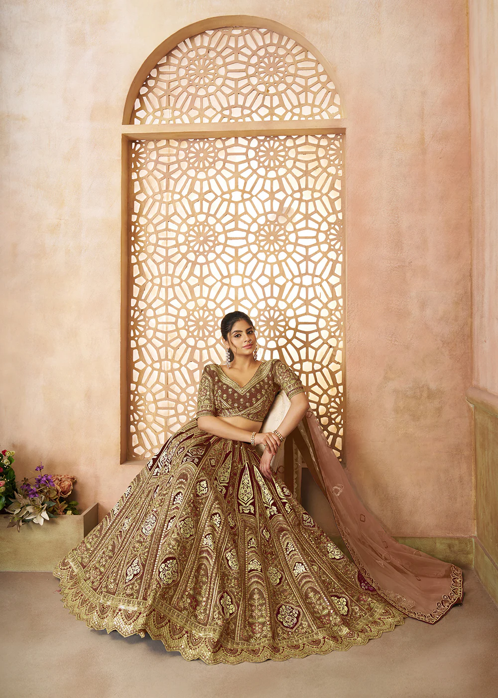 Brown Banarasi Silk Aari Embroidered Bridal Lehenga Choli - Image 4