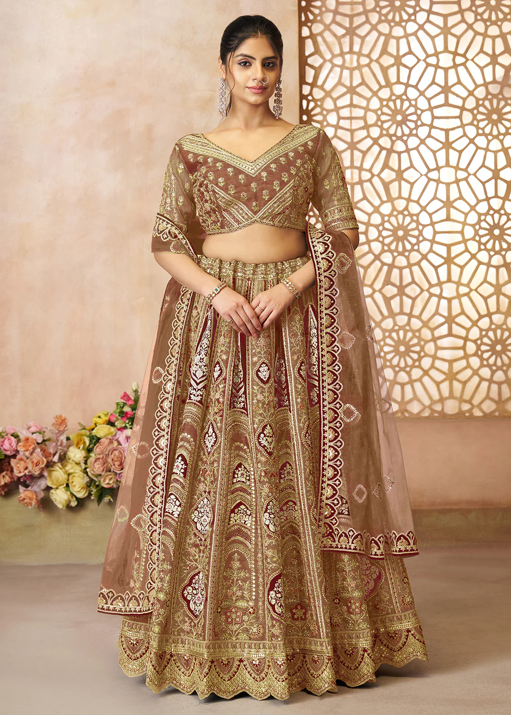 Brown Banarasi Silk Aari Embroidered Bridal Lehenga Choli - Image 5
