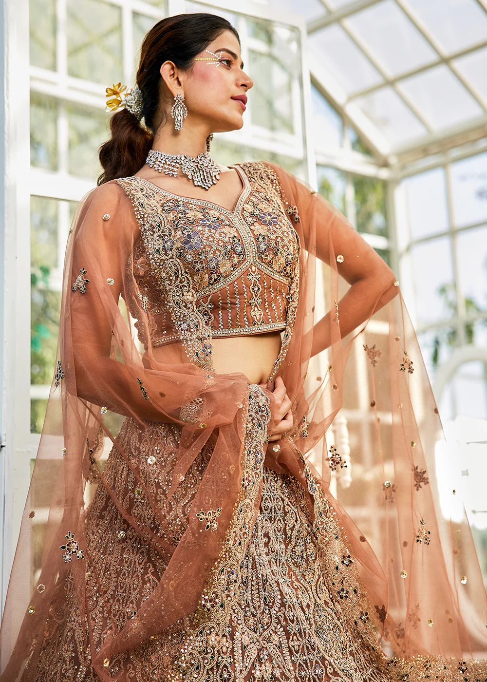 Brown Beads & Zarkan Embroidered Wedding Lehenga Choli - Image 2