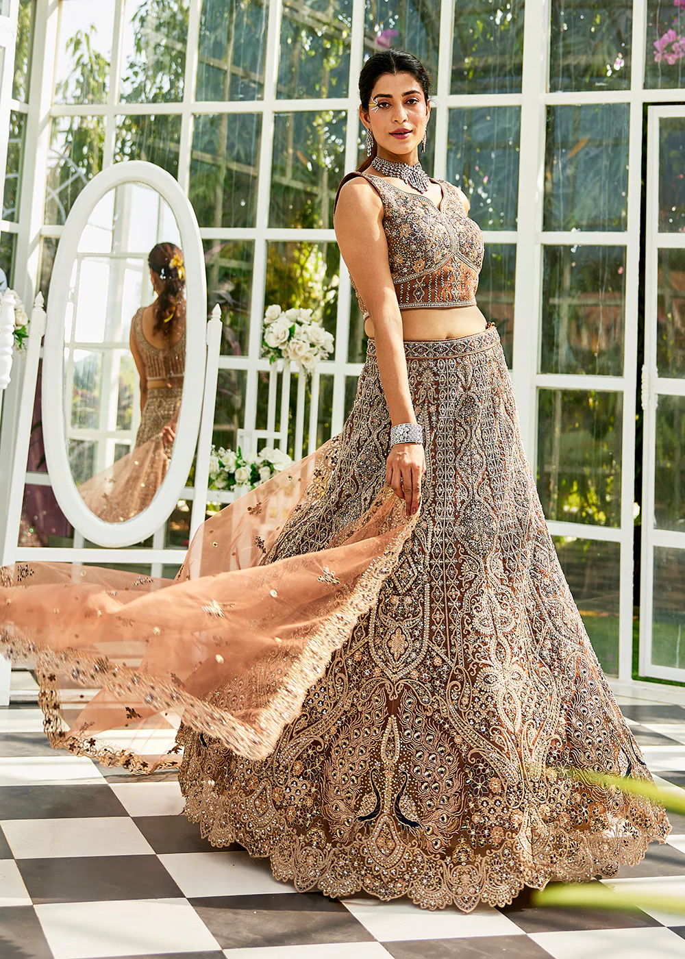 Brown Beads & Zarkan Embroidered Wedding Lehenga Choli - Image 6