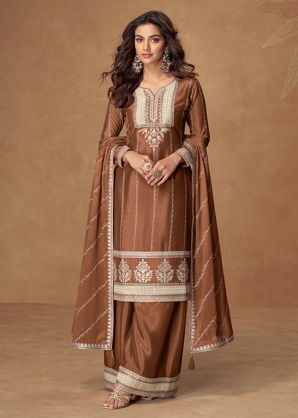 Brown Chinnon Silk Embroidered Wedding Wear Suit