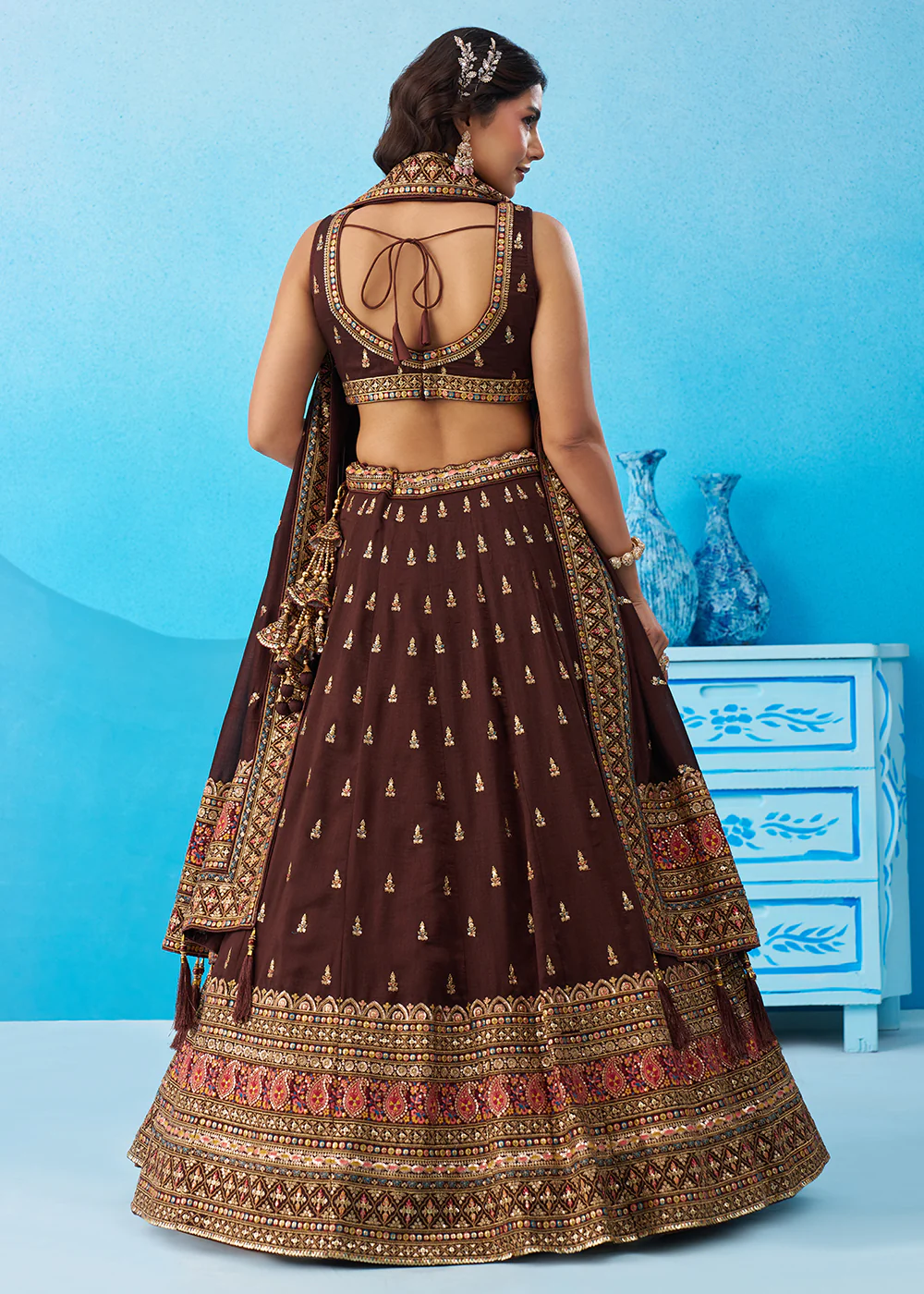 Brown Chinnon Silk Sequins & Zari Festive Lehenga Choli - Image 3