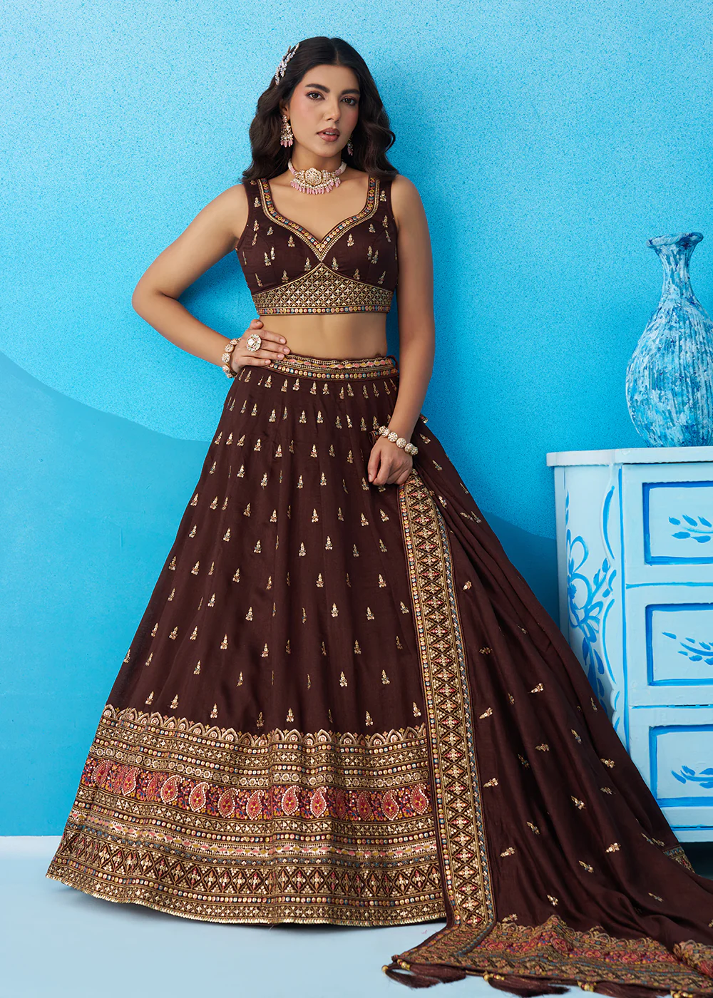 Brown Chinnon Silk Sequins & Zari Festive Lehenga Choli - Image 4