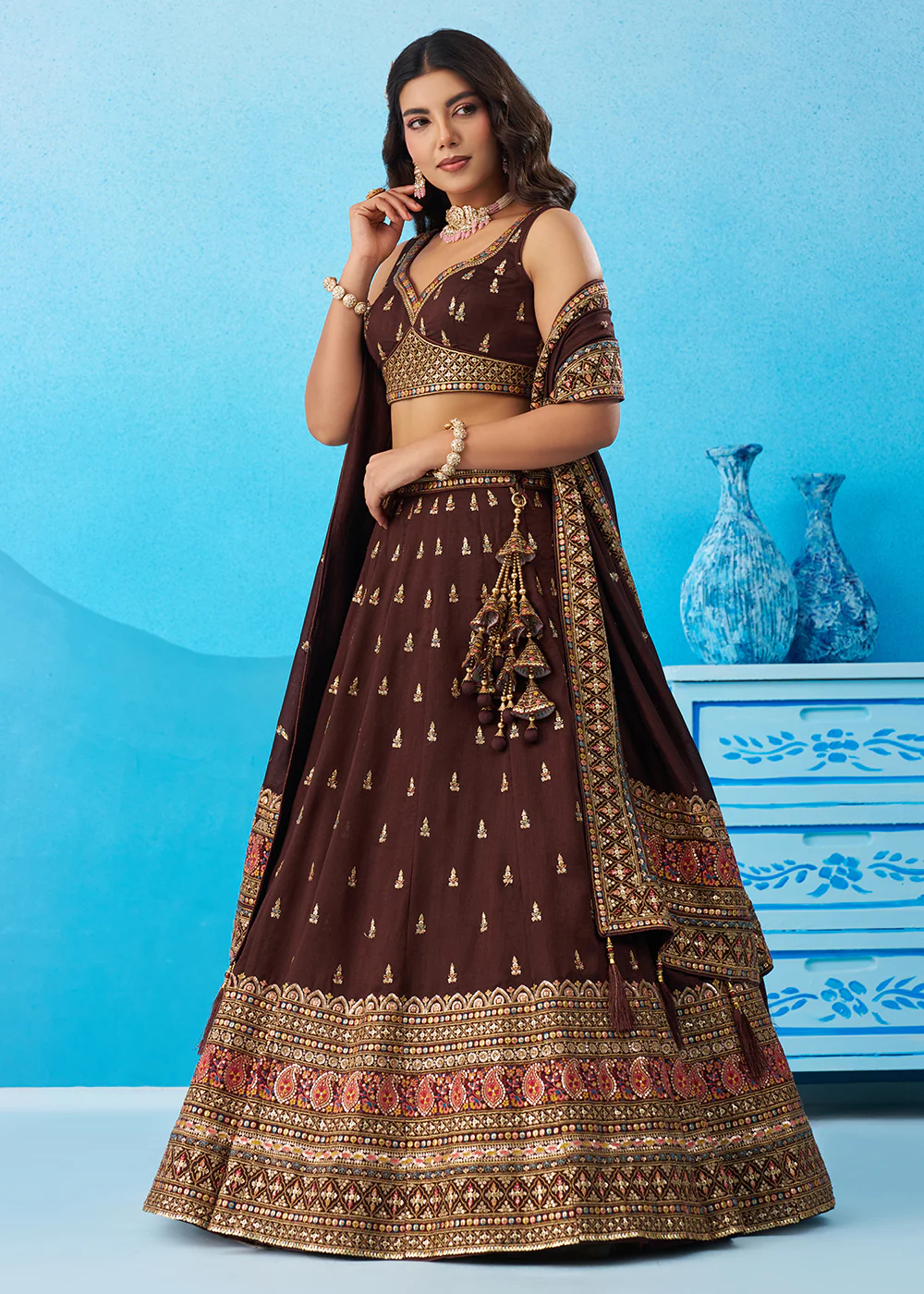 Brown Chinnon Silk Sequins & Zari Festive Lehenga Choli - Image 5
