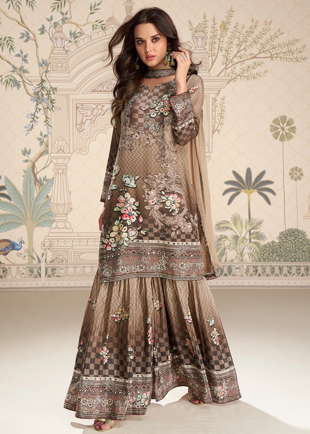 Brown Crepe Silk Stylist Mirror Work Gharara Suit