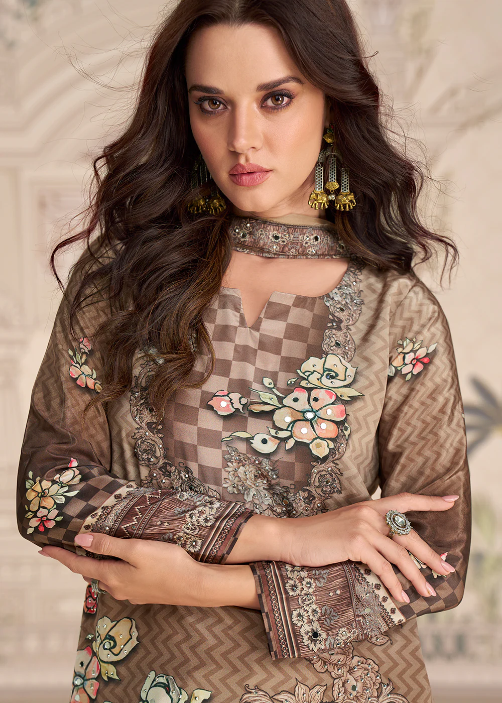 Brown Crepe Silk Stylist Mirror Work Gharara Suit - Image 2