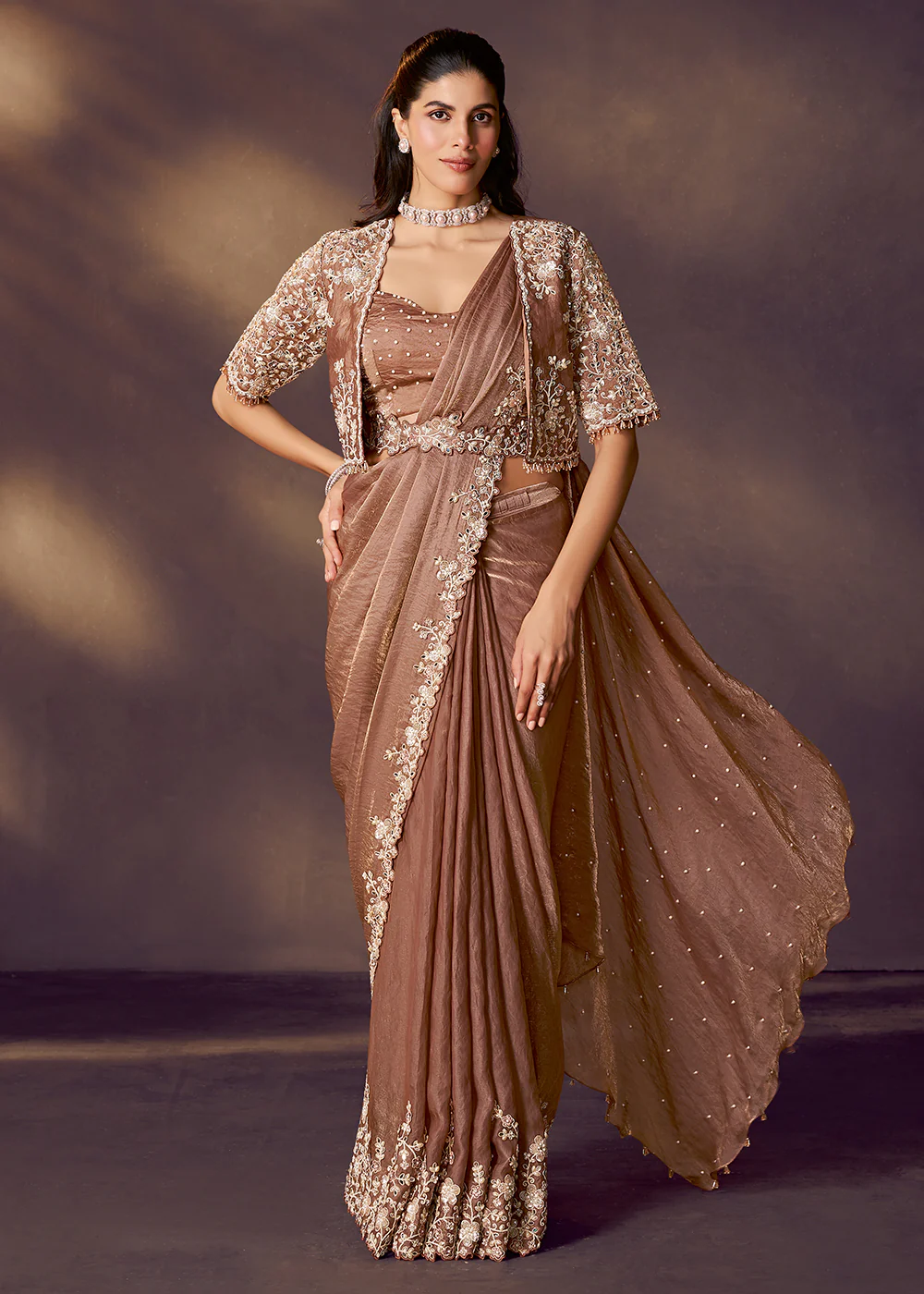 Brown Designer Party Style Pre Draped Saree