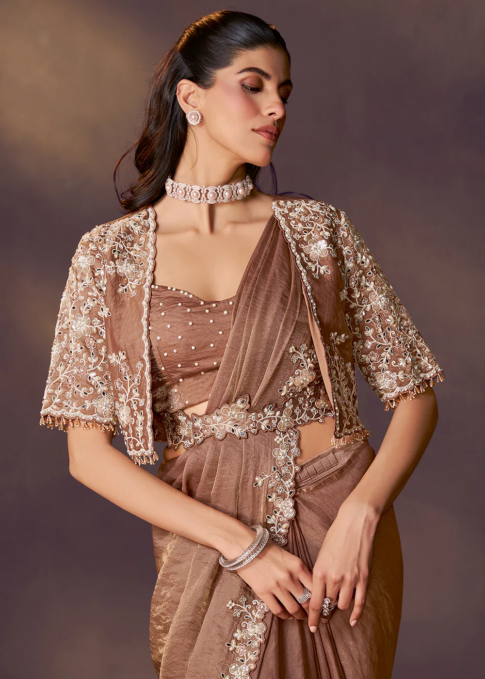 Brown Designer Party Style Pre Draped Saree - Image 2