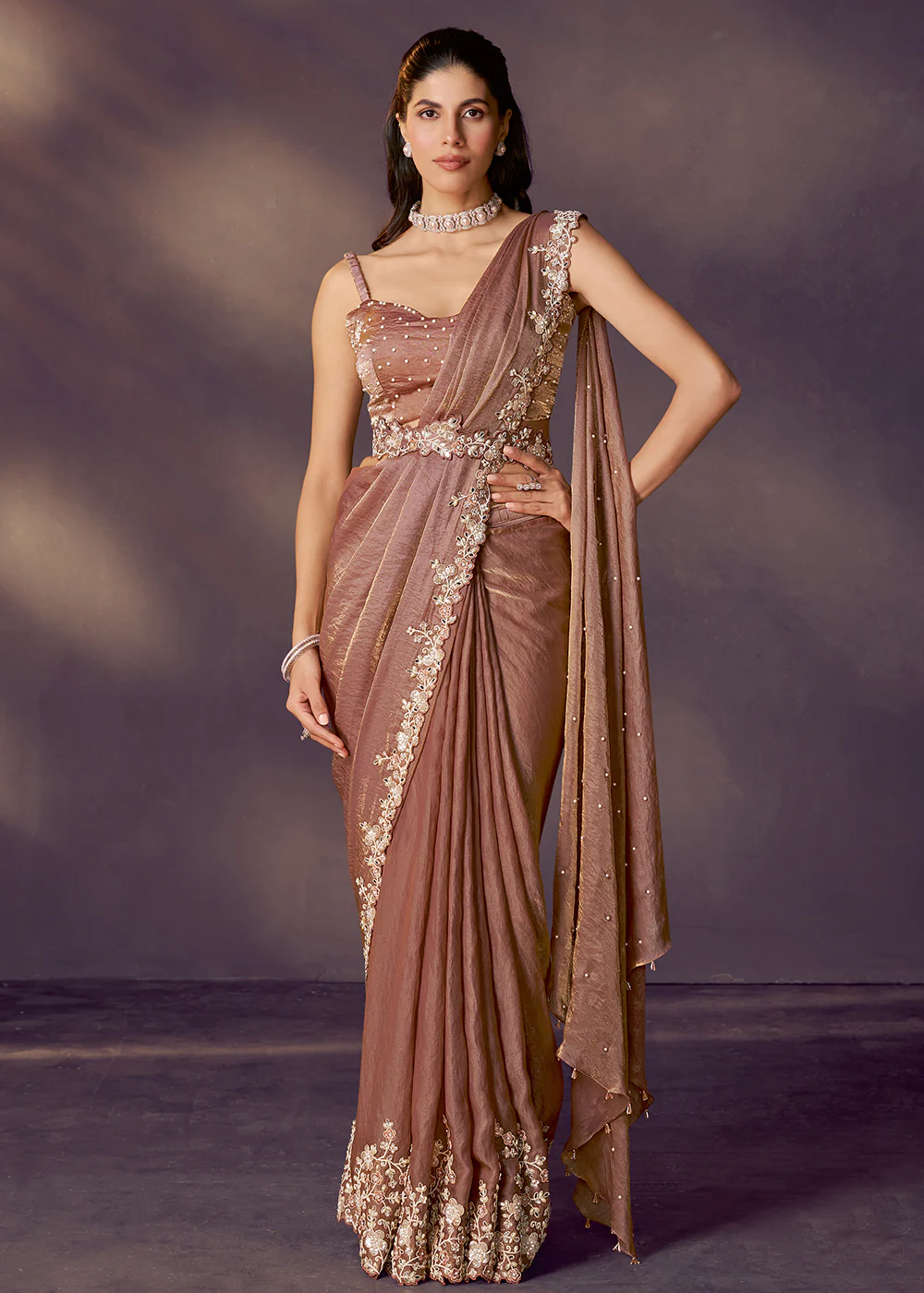 Brown Designer Party Style Pre Draped Saree - Image 3