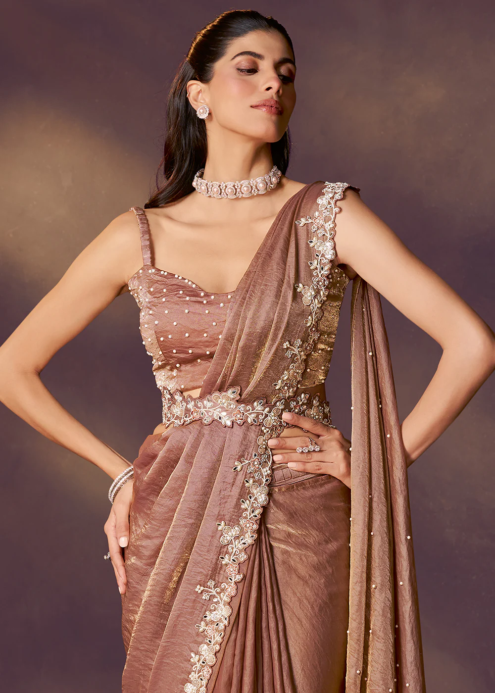 Brown Designer Party Style Pre Draped Saree - Image 4