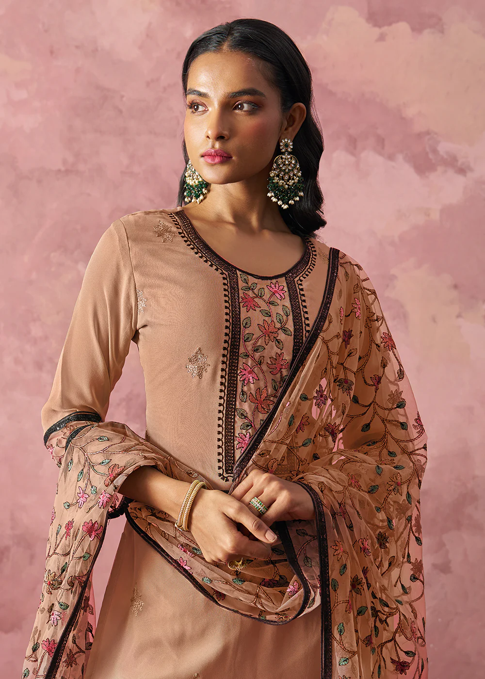 Brown Embroidered Casual & Festive Pant Style Suit - Image 2