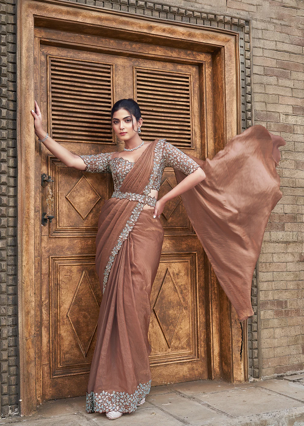 Brown Embroidered Designer Ready to Wear Saree - Image 3
