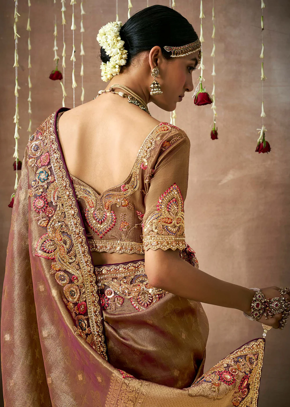 Brown Embroidered Silk Wedding Wear Saree - Image 3