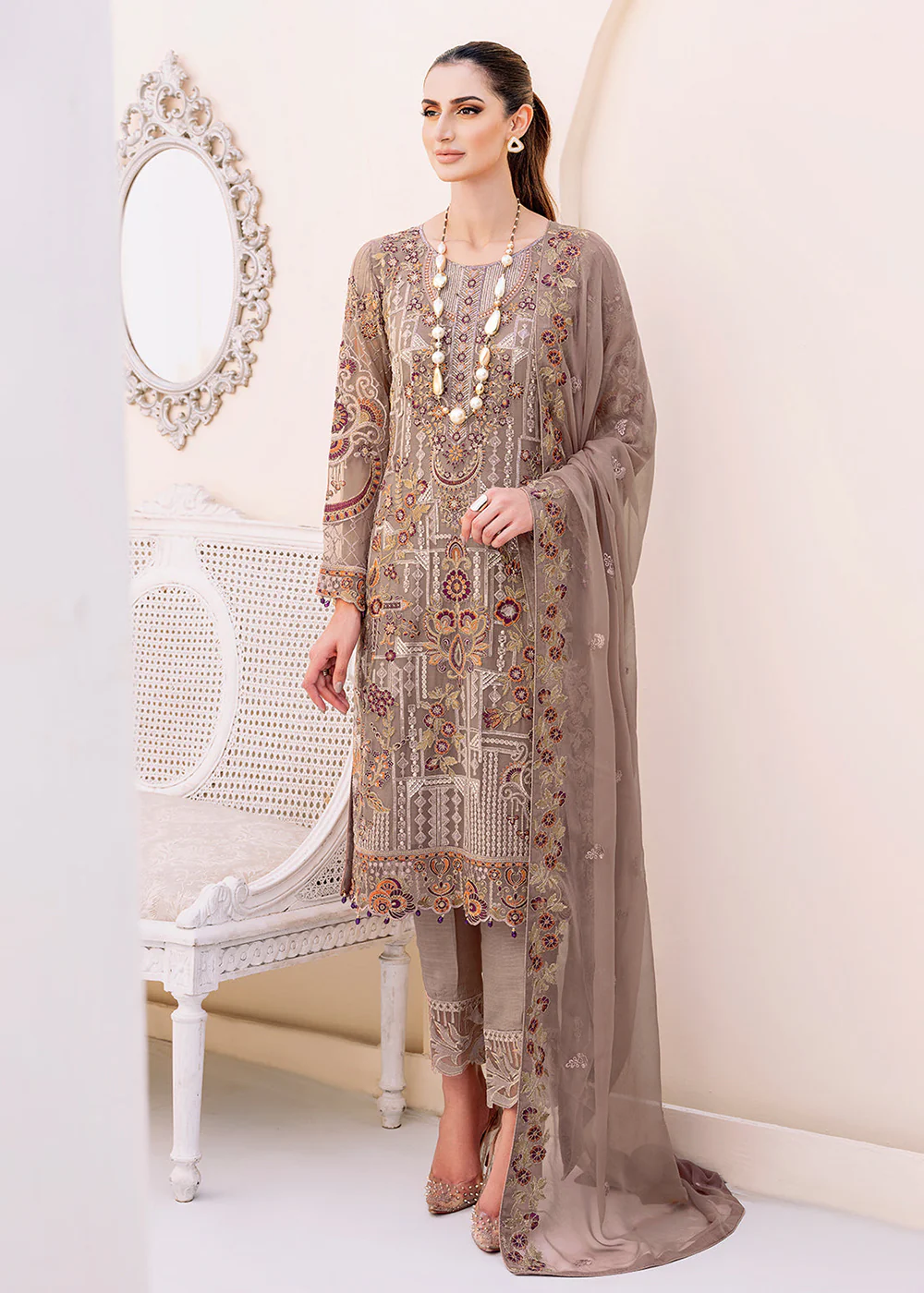 Brown Embroidered Suit - Ramsha Chiffon Vol 23 - #F-2311 - Image 5