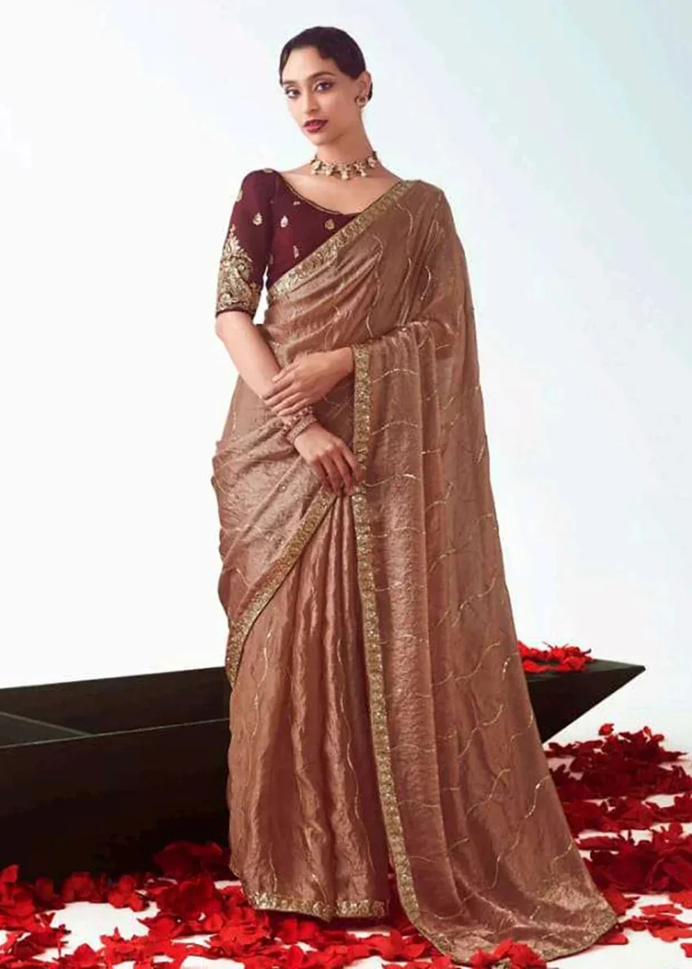Brown Fancy Fabric Embroidered Designer Saree