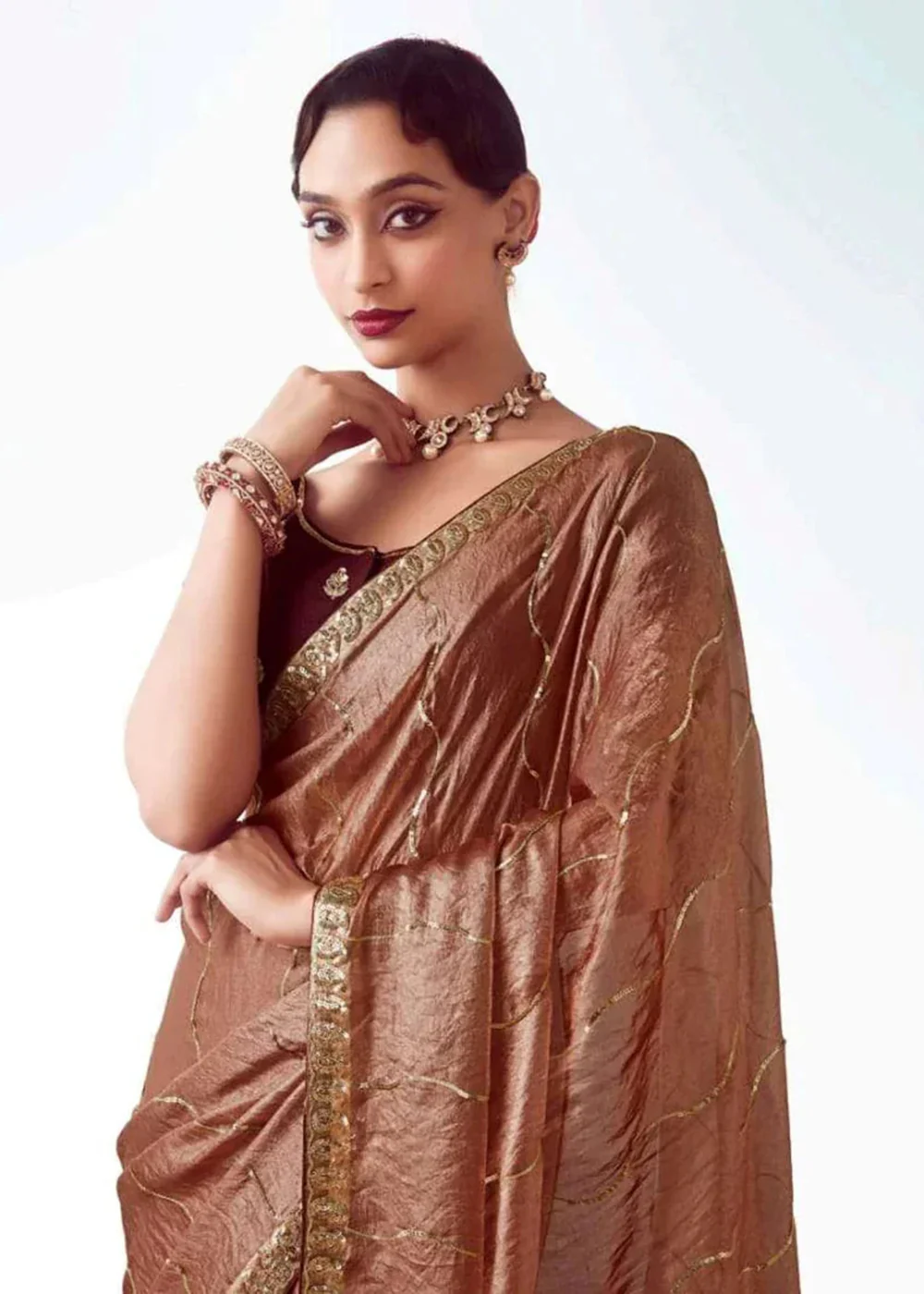 Brown Fancy Fabric Embroidered Designer Saree - Image 2