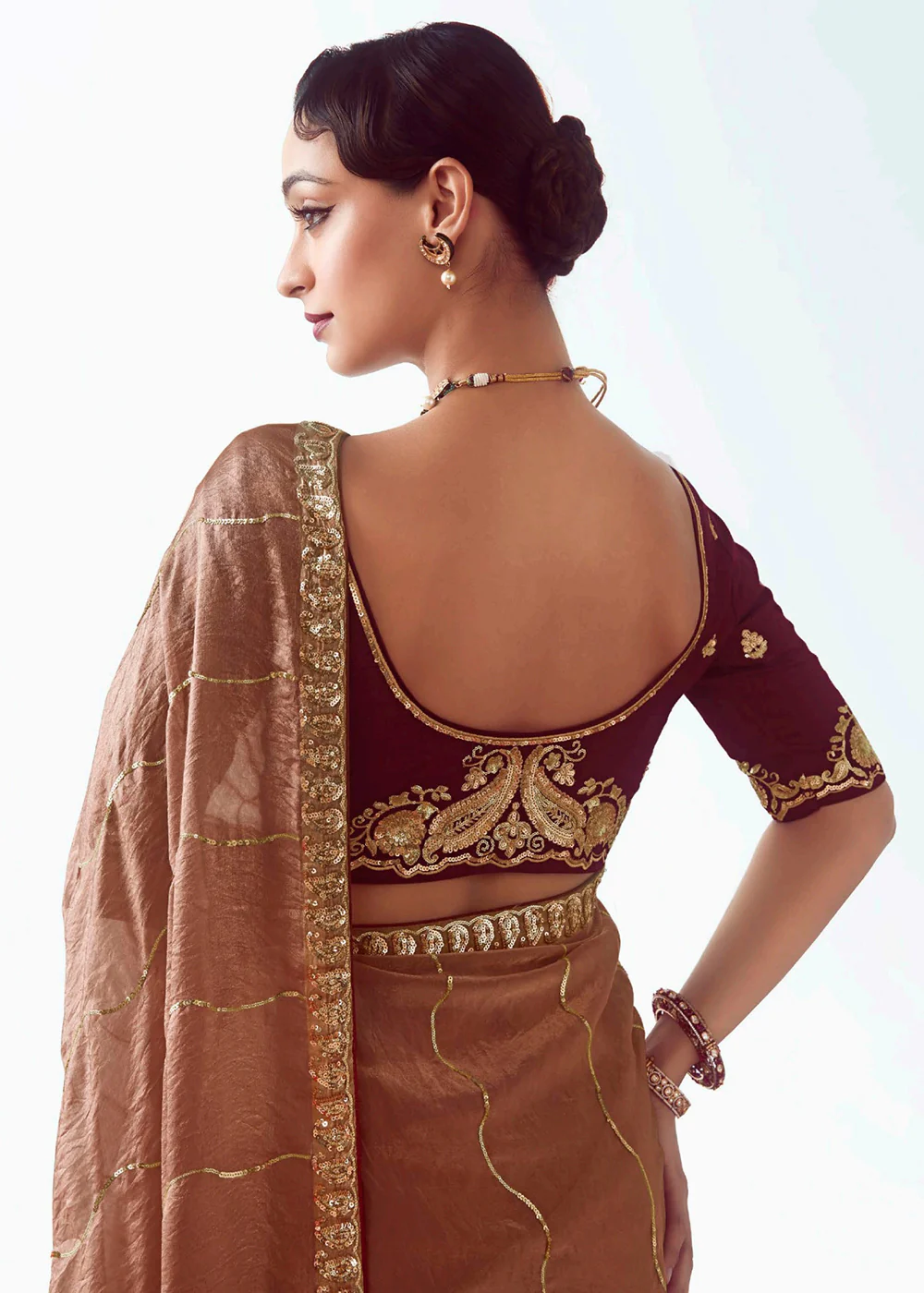 Brown Fancy Fabric Embroidered Designer Saree - Image 3
