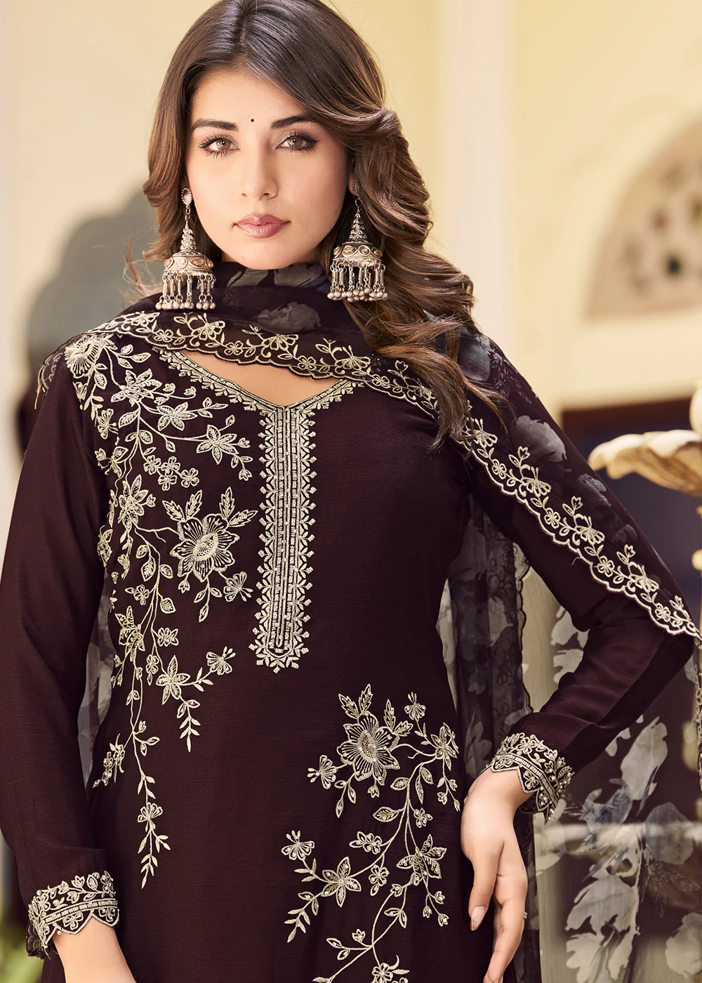 Brown Floral Threads & Sequins Festive Palazzo Suit - Image 2