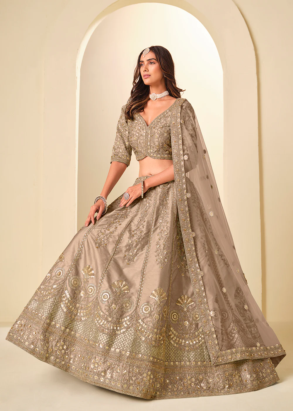 Brown Gold Embroidered Art Silk Wedding Lehenga Choli - Image 4