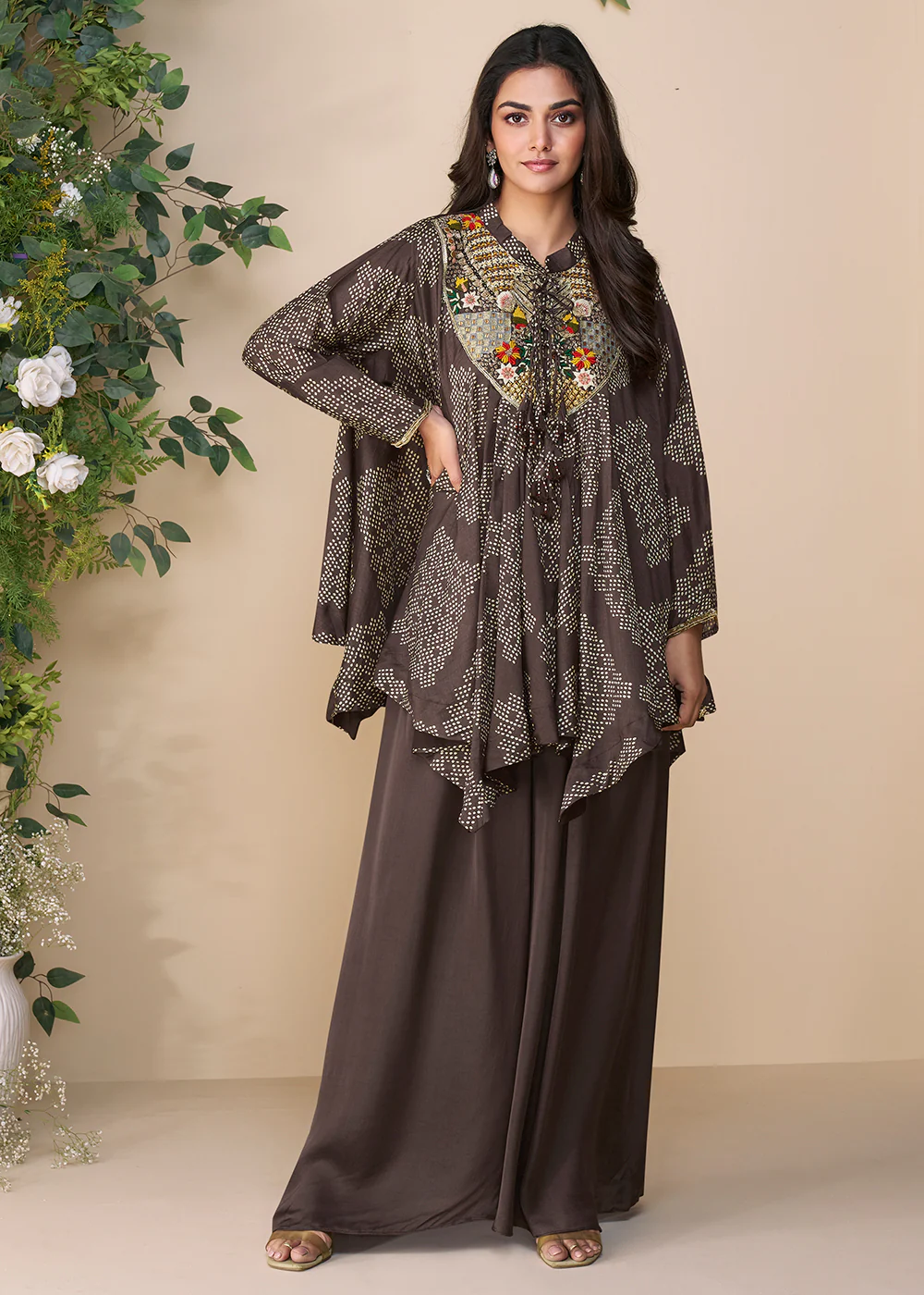 Brown Hand Embellished Poncho Kaftan Style Dress