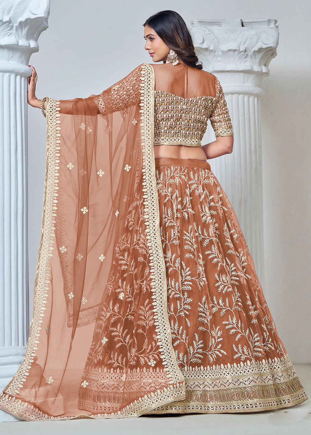 Brown Net Embroidered Wedding Festive Lehenga Choli - Image 3
