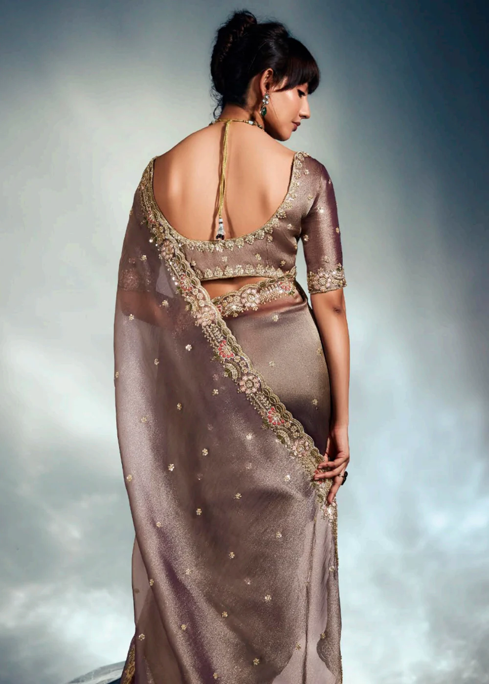 Brown Organza Khatli Work Designer Party Saree - Image 3