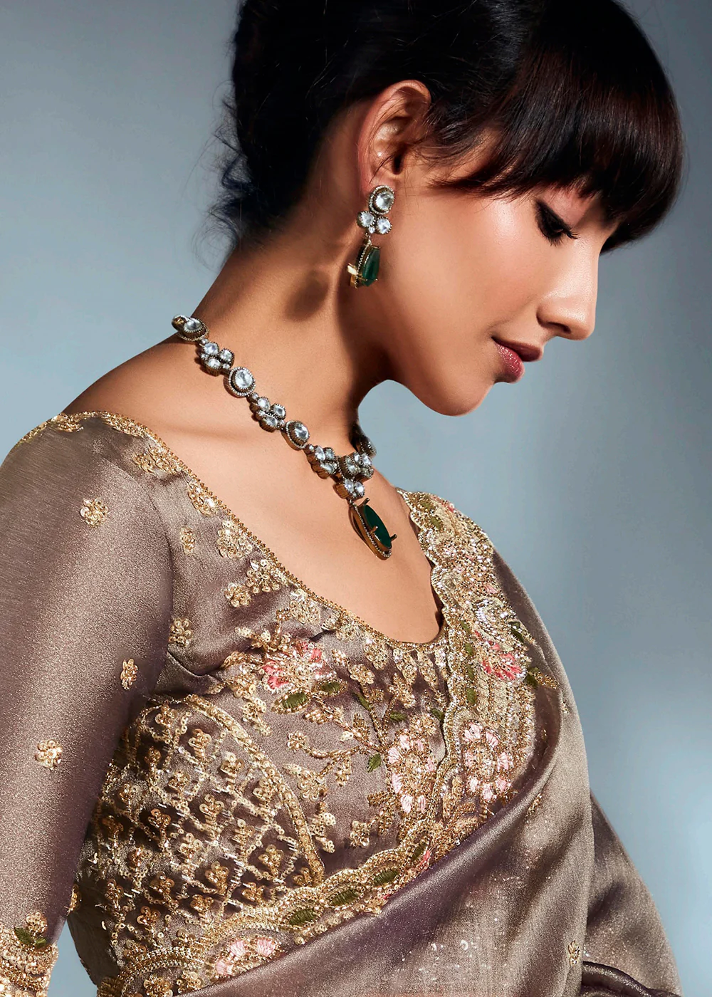 Brown Organza Khatli Work Designer Party Saree - Image 4