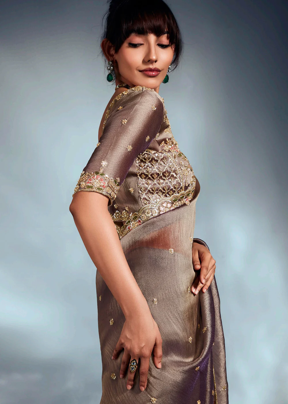 Brown Organza Khatli Work Designer Party Saree - Image 5