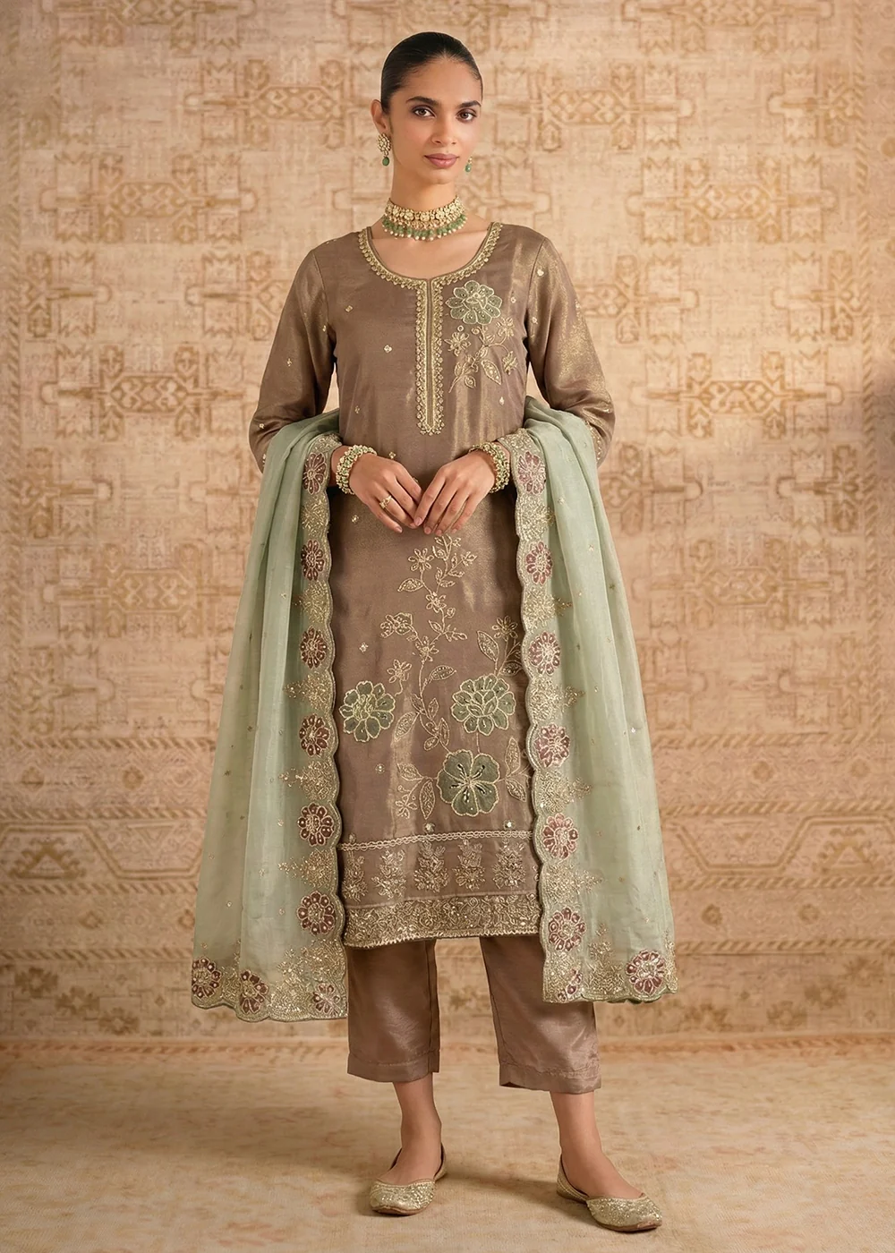 Brown Pure Shimmer Silk Designer Salwar Kurta Set
