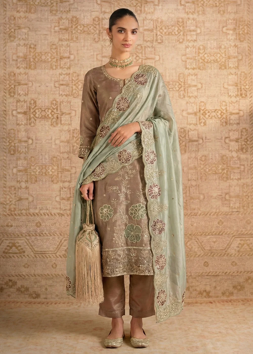 Brown Pure Shimmer Silk Designer Salwar Kurta Set - Image 2