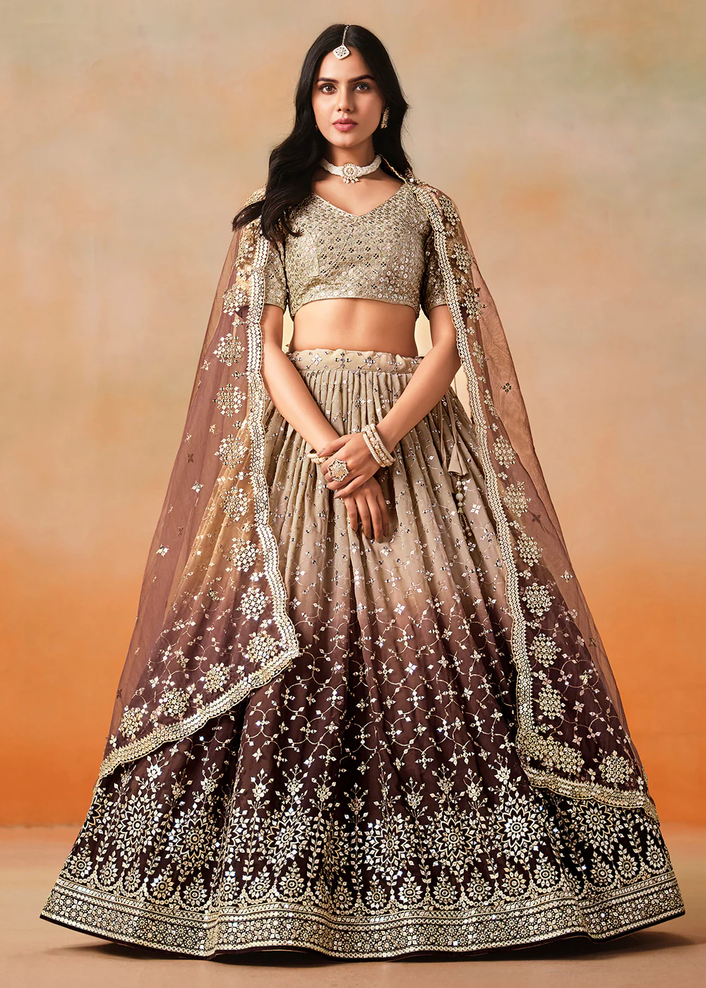 Brown Sequins & Zari Embroidered Wedding Lehenga Choli