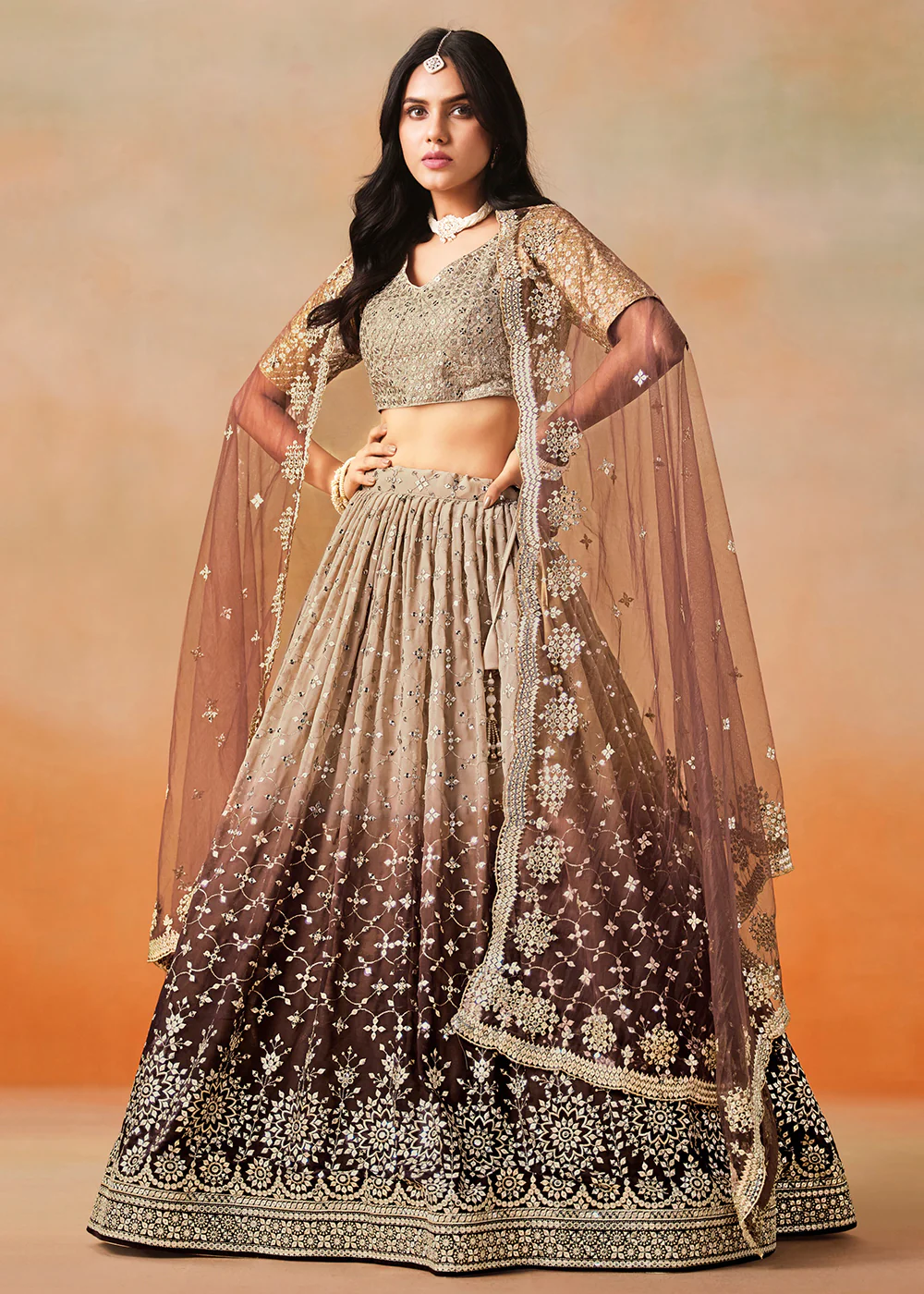 Brown Sequins & Zari Embroidered Wedding Lehenga Choli - Image 5
