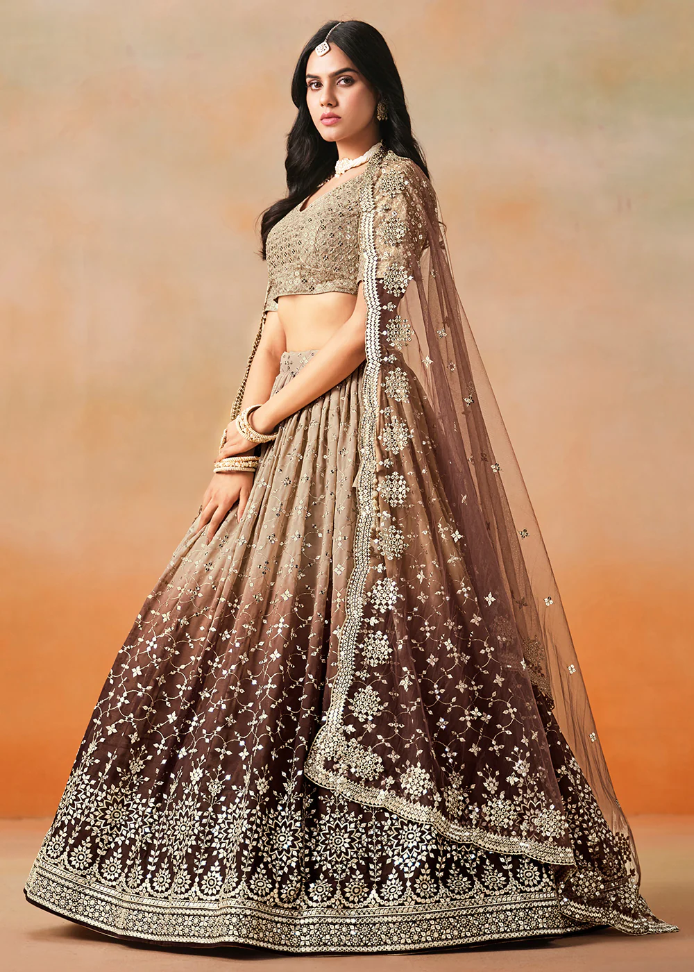 Brown Sequins & Zari Embroidered Wedding Lehenga Choli - Image 6