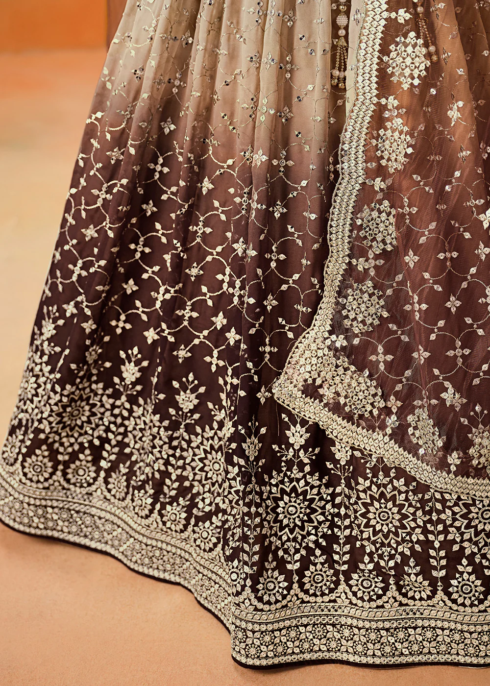 Brown Sequins & Zari Embroidered Wedding Lehenga Choli - Image 8