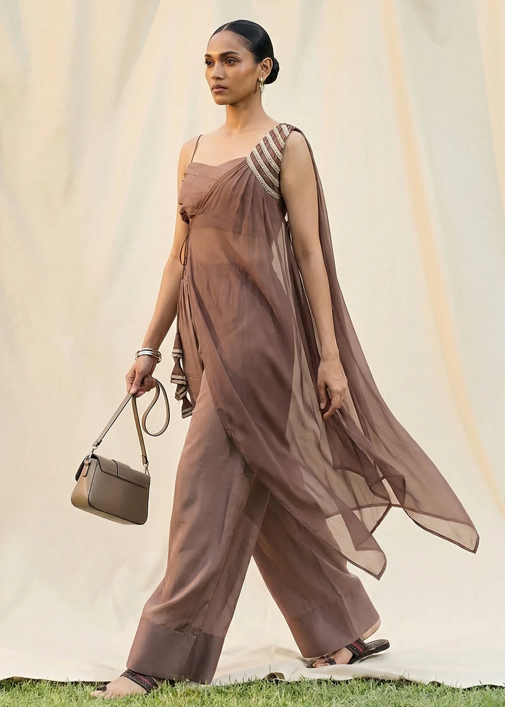 Brown Silk Crop Top with Pant & One Side Shrug Set - Image 3