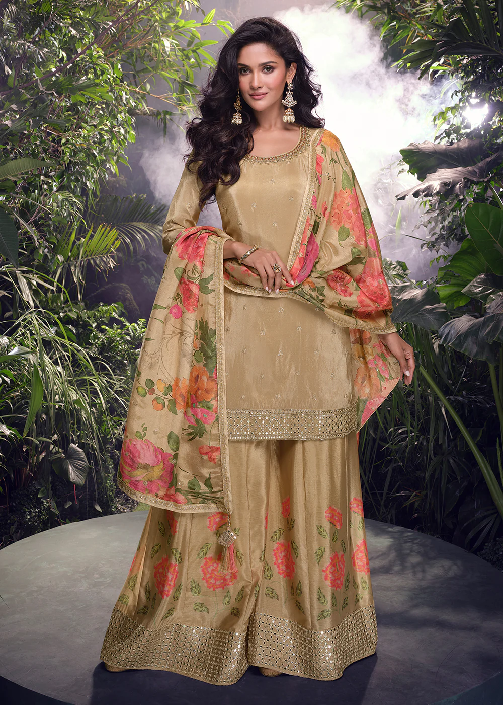 Brown Silk Embroidered Wedding Wear Palazzo Suit