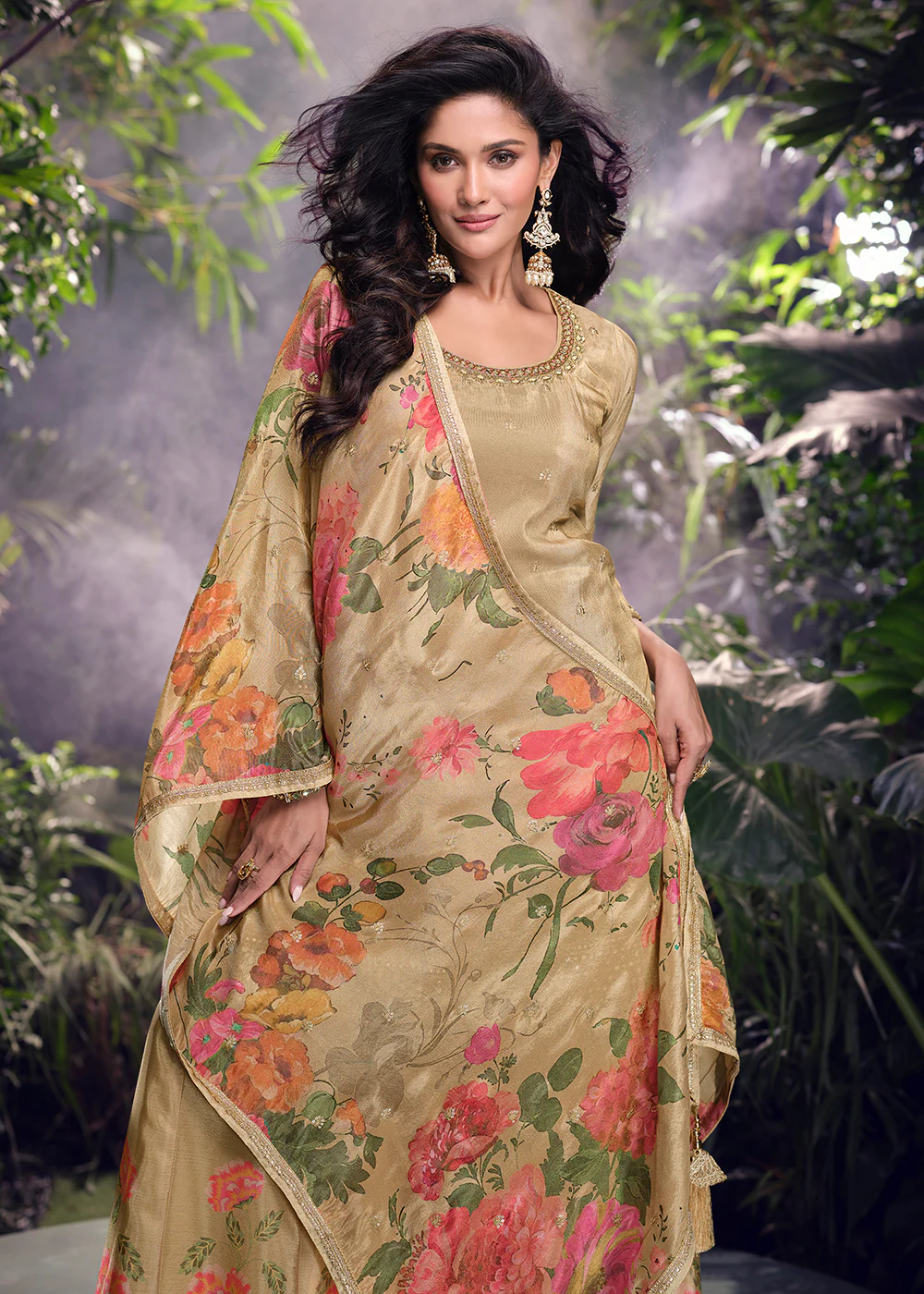 Brown Silk Embroidered Wedding Wear Palazzo Suit - Image 2