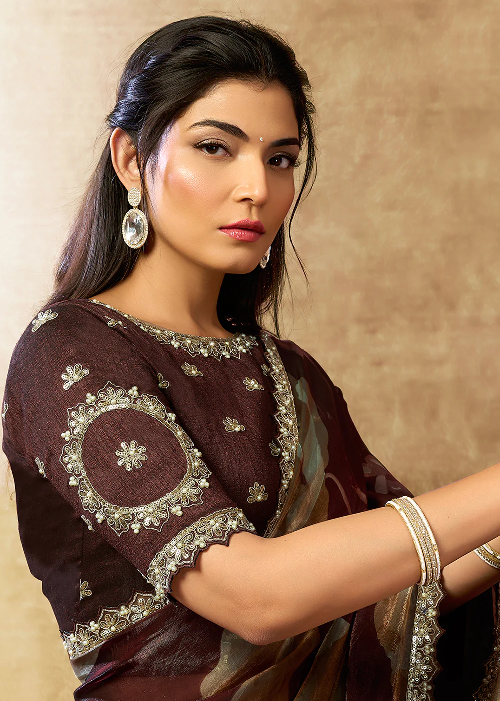 Brown Two Tone Satin Silk Printed & Embroidered Festive Saree - Image 3