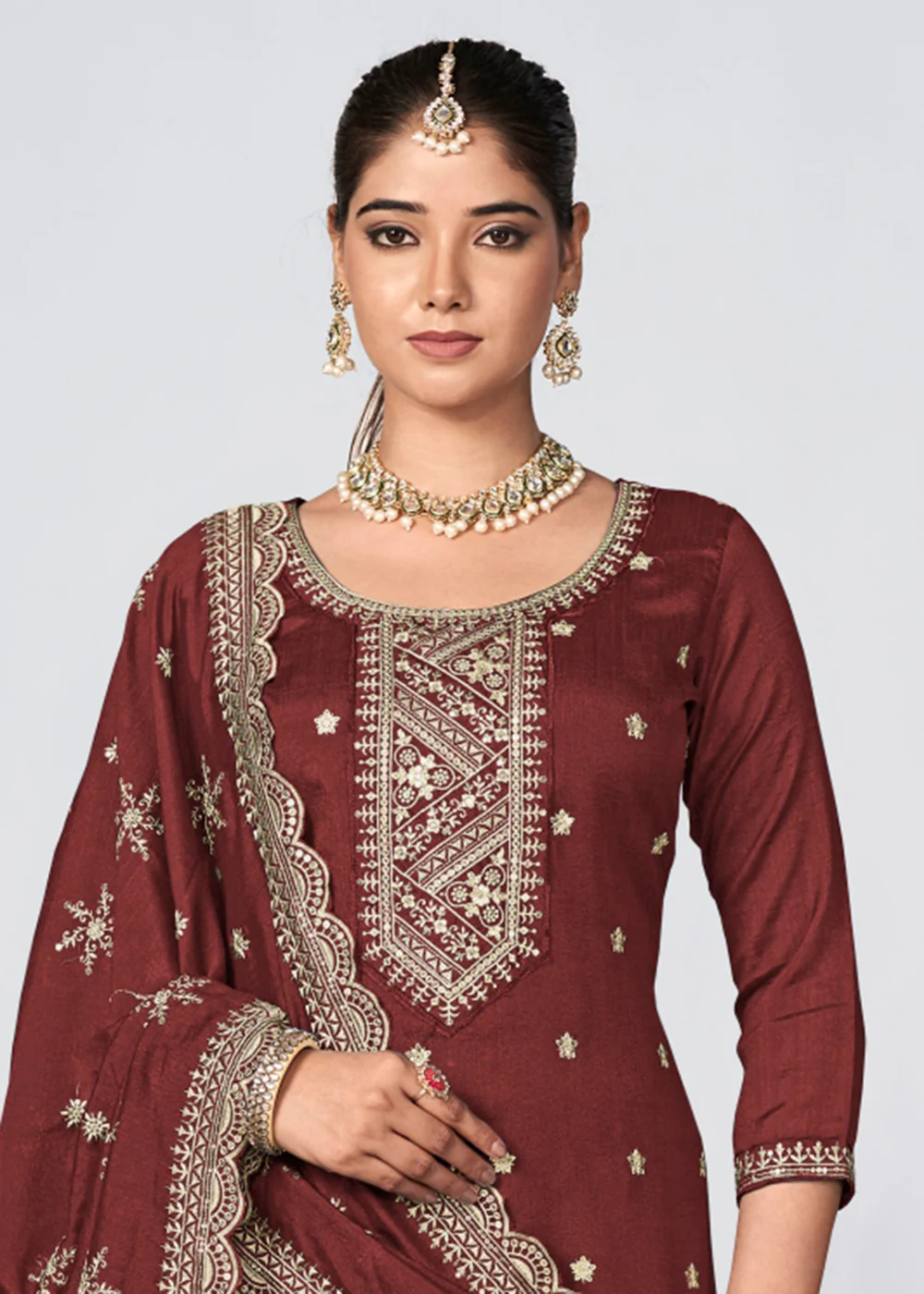 Brown Vichitra Silk Embroidered Wedding Festive Palazzo Suit - Image 2