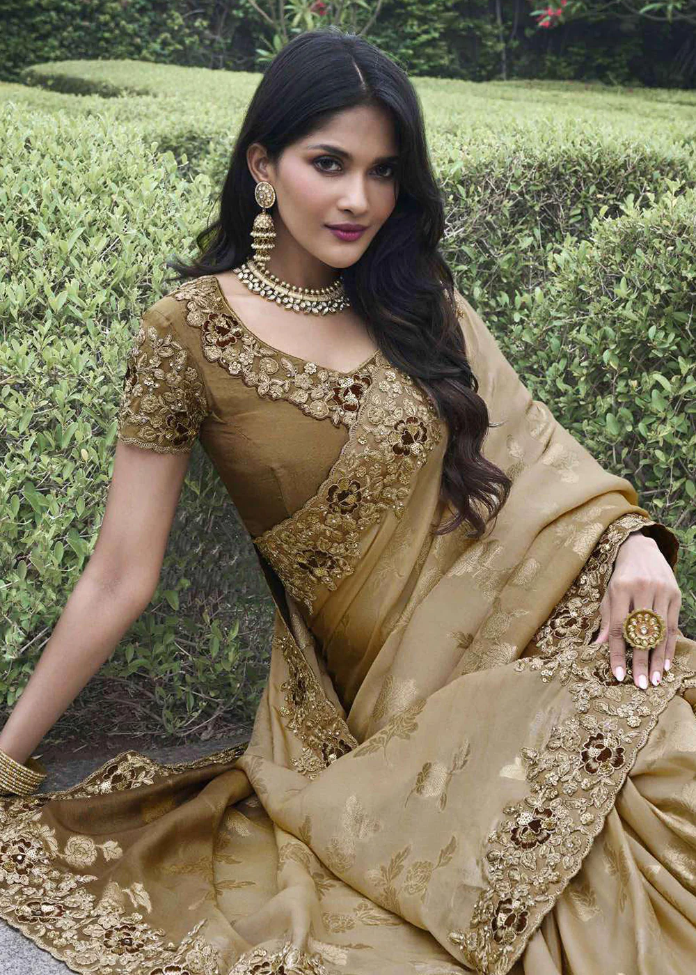 Brown Viscose Silk Embroidered Designer Wedding Saree - Image 2