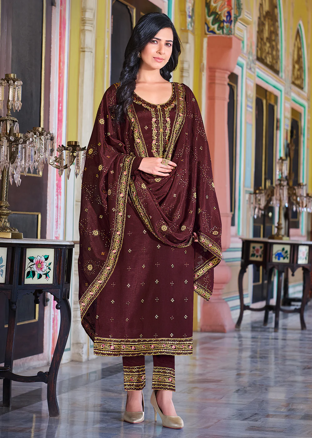 Brownish Maroon Pakistani Pant Style Chinnon Salwar Suit - Image 3