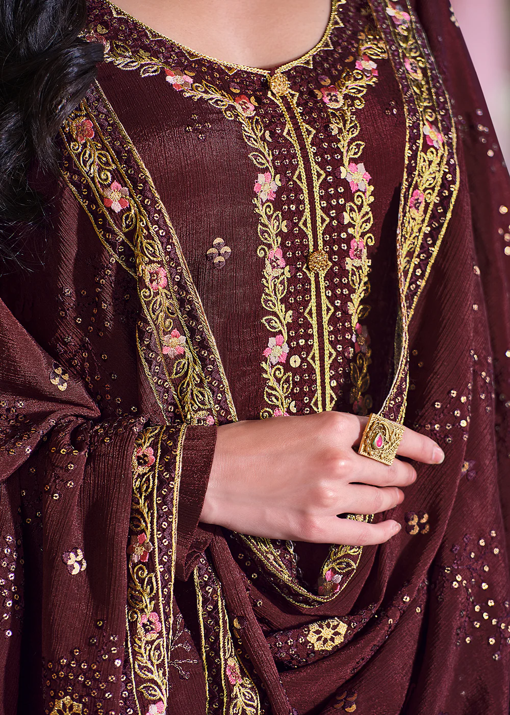 Brownish Maroon Pakistani Pant Style Chinnon Salwar Suit - Image 4