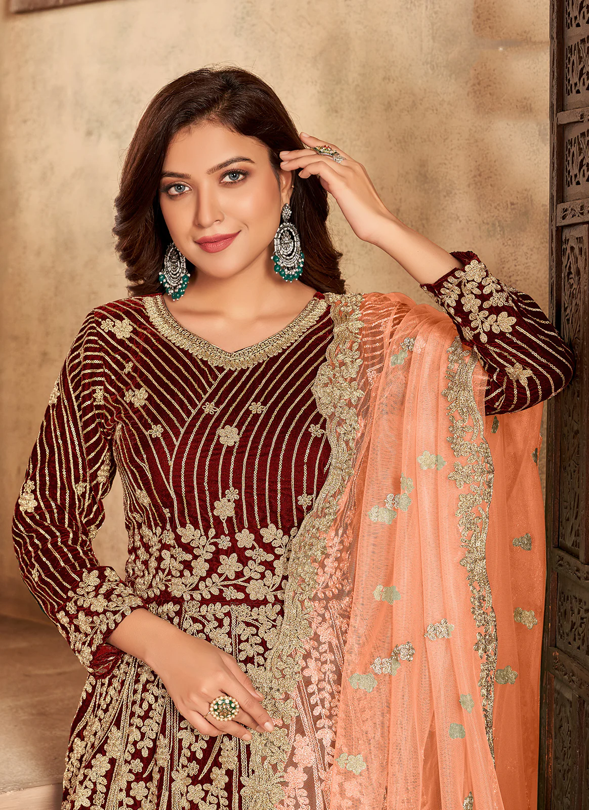 Brownish Red Velvet Floor Length Designer Anarkali Suit - Image 2