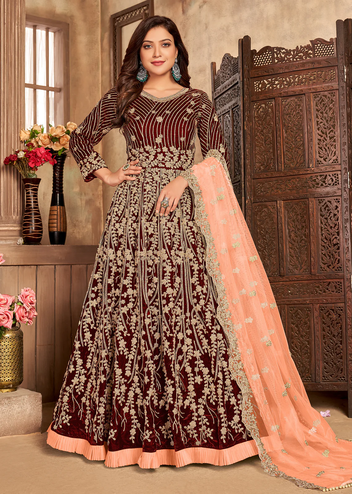 Brownish Red Velvet Floor Length Designer Anarkali Suit - Image 3