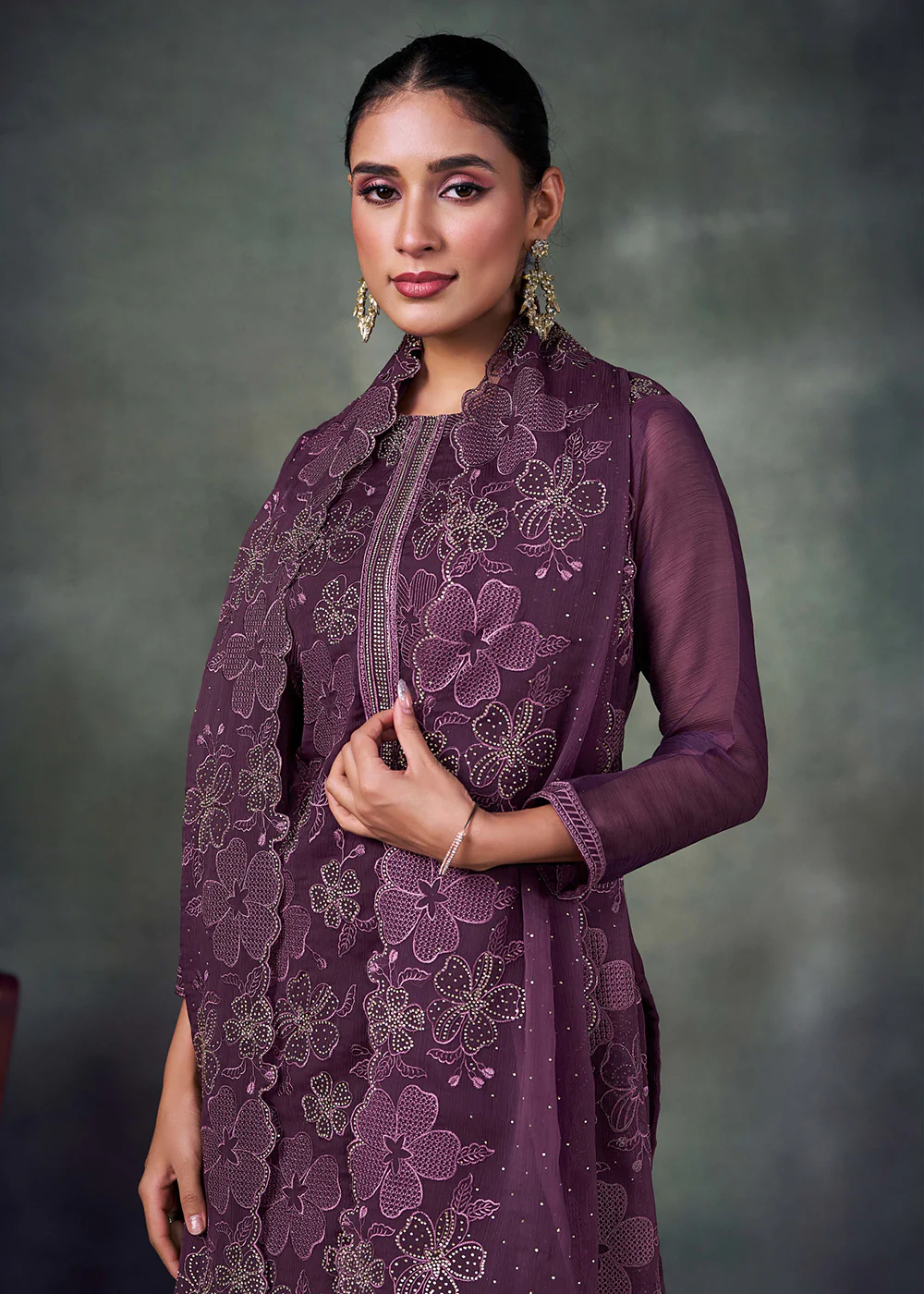 Burgundy Chiffon Embroidered Pakistani Style Suit - Image 2