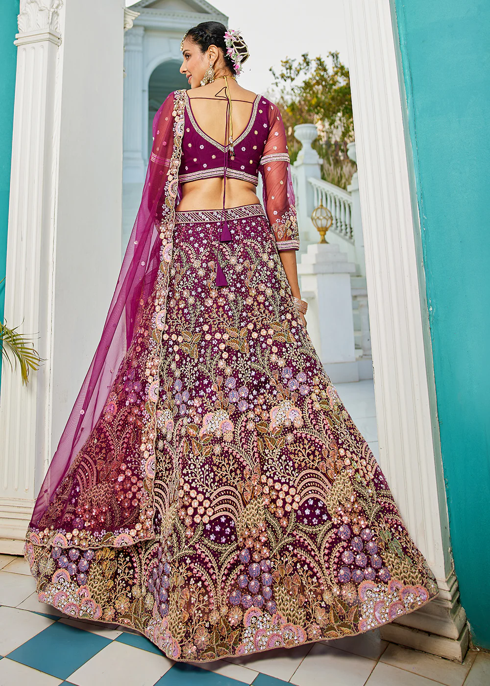 Burgundy Cording & Sequins Embroidered Net Lehenga Choli - Image 3