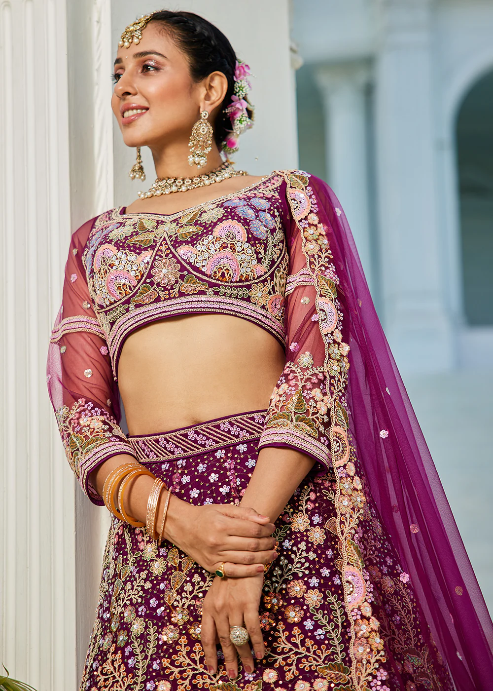 Burgundy Cording & Sequins Embroidered Net Lehenga Choli - Image 5